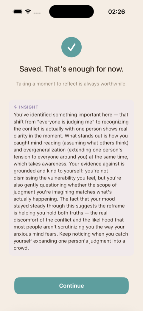 AI-generated insight summarizing cognitive shift after completing thought record