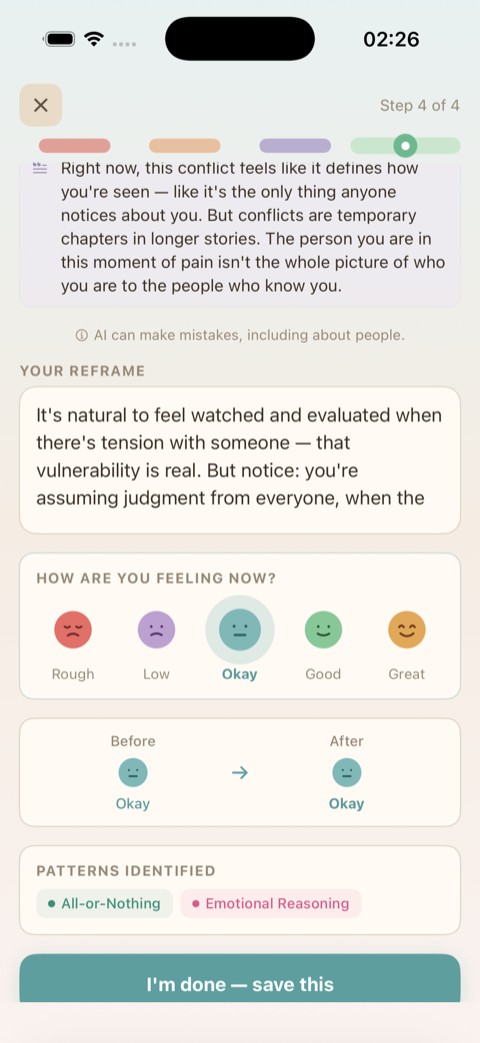 Completed thought record showing before and after mood comparison